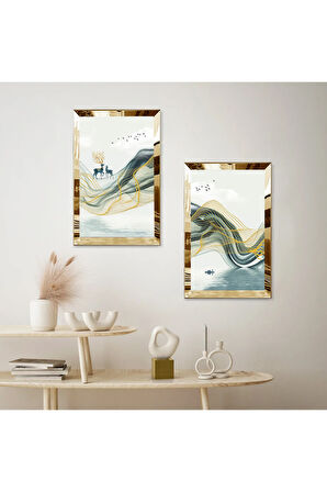 GOLD AYNALI PLEKSİ ÇERÇEVELİ DAĞDA GEĞİKLER MODERN İKİLİ MDF TABLO SETİ