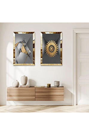 GOLD AYNALI PLEKSİ ÇERÇEVELİ GRİ ARKA PLANLI GOLD DESENLİ DEKORATİF AT İKİLİ MDF TABLO SETİ