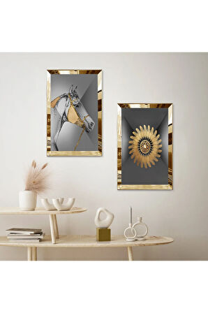 GOLD AYNALI PLEKSİ ÇERÇEVELİ GRİ ARKA PLANLI GOLD DESENLİ DEKORATİF AT İKİLİ MDF TABLO SETİ
