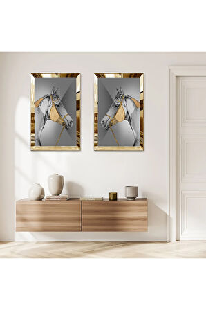 GOLD AYNALI PLEKSİ ÇERÇEVELİ GRİ ARKA PLANLI GOLD DESENLİ AT İKİLİ MDF TABLO SETİ