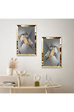 GOLD AYNALI PLEKSİ ÇERÇEVELİ GRİ ARKA PLANLI GOLD DESENLİ AT İKİLİ MDF TABLO SETİ