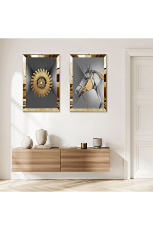 GOLD AYNALI PLEKSİ ÇERÇEVELİ GRİ ARKA PLANLI GOLD DESENLİ MODERN AT İKİLİ MDF TABLO SETİ