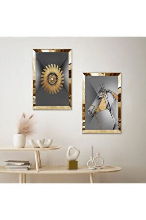 GOLD AYNALI PLEKSİ ÇERÇEVELİ GRİ ARKA PLANLI GOLD DESENLİ MODERN AT İKİLİ MDF TABLO SETİ