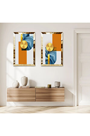 GOLD AYNALI PLEKSİ ÇERÇEVELİ TURUNCU BEYAZ SOYUT DESENLİ İKİLİ MDF TABLO SETİ