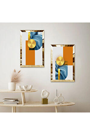 GOLD AYNALI PLEKSİ ÇERÇEVELİ TURUNCU BEYAZ SOYUT DESENLİ İKİLİ MDF TABLO SETİ