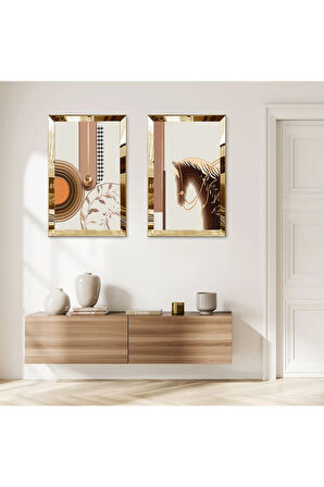 GOLD AYNALI PLEKSİ ÇERÇEVELİ SOYUT AT DEKORATİF İKİLİ MDF TABLO SETİ