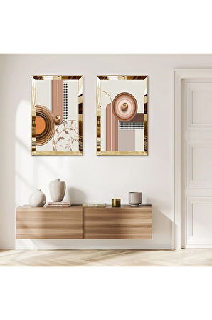 GOLD AYNALI PLEKSİ ÇERÇEVELİ SOYUT DESENLER MODERN İKİLİ MDF TABLO SETİ
