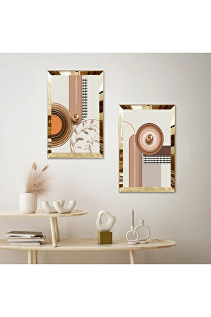 GOLD AYNALI PLEKSİ ÇERÇEVELİ SOYUT DESENLER MODERN İKİLİ MDF TABLO SETİ
