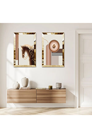 GOLD AYNALI PLEKSİ ÇERÇEVELİ SOYUT AT MODERN İKİLİ MDF TABLO SETİ