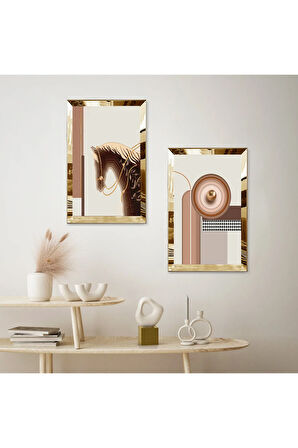 GOLD AYNALI PLEKSİ ÇERÇEVELİ SOYUT AT MODERN İKİLİ MDF TABLO SETİ