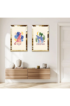 GOLD AYNALI PLEKSİ ÇERÇEVELİ BEYAZ ARKA PLANLI HAYVANLAR ALEMİ DEKORATİF KİLİ MDF TABLO SETİ