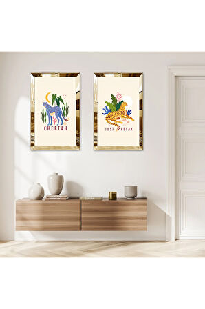 GOLD AYNALI PLEKSİ ÇERÇEVELİ BEYAZ ARKA PLANLI HAYVANLAR ALEMİ MODERN İKİLİ MDF TABLO SETİ