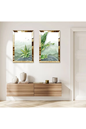 GOLD AYNALI PLEKSİ ÇERÇEVELİ YEŞİL BİTKİLER MODERN İKİLİ MDF TABLO SETİ