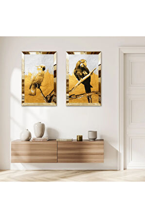 GOLD AYNALI PLEKSİ ÇERÇEVELİ TURUNCU ARKA PLANLI KUŞLAR DEKORATİF İKİLİ MDF TABLO SETİ