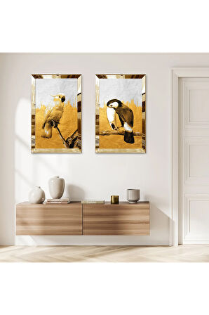 GOLD AYNALI PLEKSİ ÇERÇEVELİ TURUNCU ARKA PLANLI KUŞLAR MODERN İKİLİ MDF TABLO SETİ