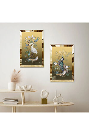 GOLD AYNALI PLEKSİ ÇERÇEVELİ LEYLEKLER DEKORATİF İKİLİ MDF TABLO SETİ