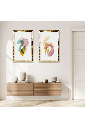 GOLD AYNALI PLEKSİ ÇERÇEVELİ BEYAZ ARKA PLANLI RENKLİ FIRÇA İZLERİ MODERN İKİLİ MDF TABLO SETİ