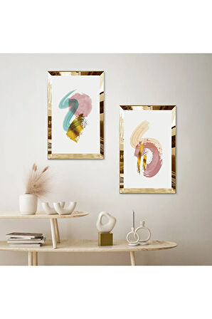 GOLD AYNALI PLEKSİ ÇERÇEVELİ BEYAZ ARKA PLANLI RENKLİ FIRÇA İZLERİ MODERN İKİLİ MDF TABLO SETİ