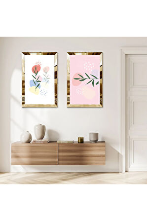 GOLD AYNALI PLEKSİ ÇERÇEVELİ BEYAZ ARKA PLANLI SOYUT BİTKİLER MODERN İKİLİ MDF TABLO SETİ