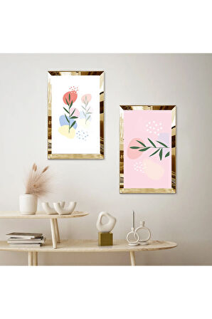 GOLD AYNALI PLEKSİ ÇERÇEVELİ BEYAZ ARKA PLANLI SOYUT BİTKİLER MODERN İKİLİ MDF TABLO SETİ