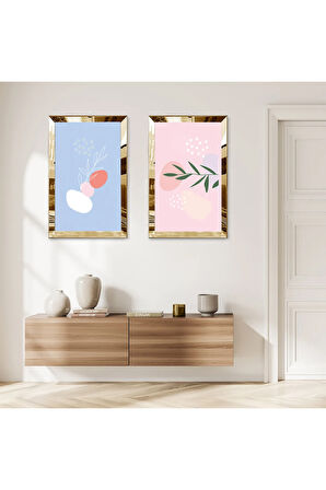 GOLD AYNALI PLEKSİ ÇERÇEVELİ MAVİ BEYAZ ARKA PLANLI SOYUT BİTKİLER İKİLİ MDF TABLO SETİ
