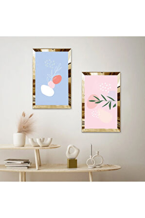 GOLD AYNALI PLEKSİ ÇERÇEVELİ MAVİ BEYAZ ARKA PLANLI SOYUT BİTKİLER İKİLİ MDF TABLO SETİ