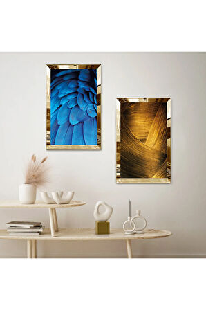 GOLD AYNALI PLEKSİ ÇERÇEVELİ MAVİ TÜYLER VE ALTIN SOYUT DESENLİ İKİLİ MDF TABLO SETİ