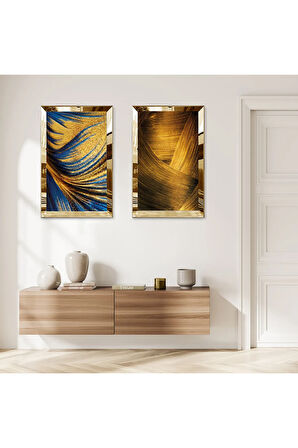 GOLD AYNALI PLEKSİ ÇERÇEVELİ MAVİ ALTIN KUM DESENLERİ VE ALTIN SOYUT DESENLİ İKİLİ MDF TABLO SETİ