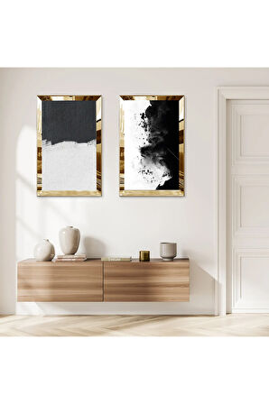 GOLD AYNALI PLEKSİ ÇERÇEVELİ SİYAH BEYAZ VE GRİ SOYUT DESENLİ İKİLİ MDF TABLO SETİ