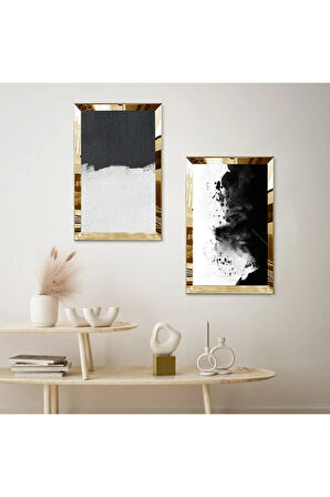 GOLD AYNALI PLEKSİ ÇERÇEVELİ SİYAH BEYAZ VE GRİ SOYUT DESENLİ İKİLİ MDF TABLO SETİ