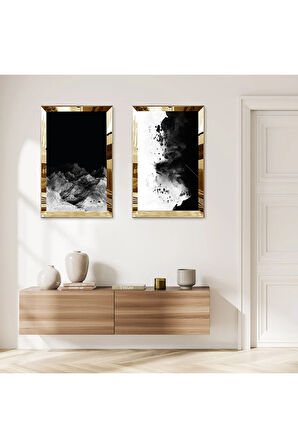 GOLD AYNALI PLEKSİ ÇERÇEVELİ SİYAH ÜZERİ BEYAZ VE GRİ SOYUT DESENLİ İKİLİ MDF TABLO SETİ
