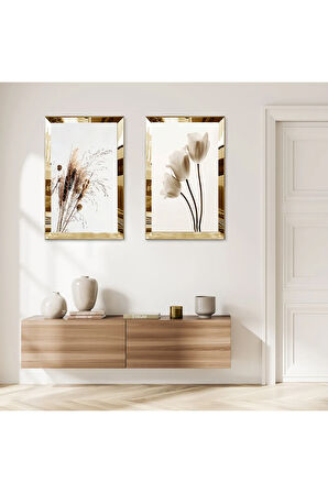 GOLD AYNALI PLEKSİ ÇERÇEVELİ BEYAZ ARKA PLANLI BEYAZ GÜLLER VE BİTKİLER İKİLİ MDF TABLO SETİ