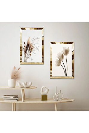 GOLD AYNALI PLEKSİ ÇERÇEVELİ BEYAZ ARKA PLANLI BEYAZ GÜLLER VE BİTKİLER İKİLİ MDF TABLO SETİ