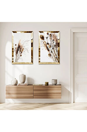 GOLD AYNALI PLEKSİ ÇERÇEVELİ BEYAZ ARKA PLANLI DEKORATİF BİTKİLER İKİLİ MDF TABLO SETİ