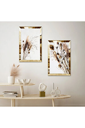 GOLD AYNALI PLEKSİ ÇERÇEVELİ BEYAZ ARKA PLANLI DEKORATİF BİTKİLER İKİLİ MDF TABLO SETİ