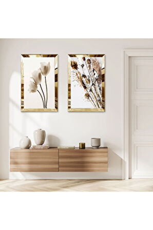 GOLD AYNALI PLEKSİ ÇERÇEVELİ BEYAZ ARKA PLANLI BİTKİLER İKİLİ MDF TABLO SETİ