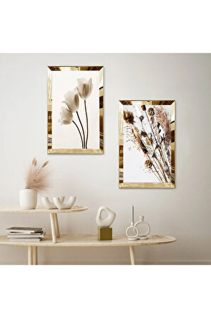GOLD AYNALI PLEKSİ ÇERÇEVELİ BEYAZ ARKA PLANLI BİTKİLER İKİLİ MDF TABLO SETİ