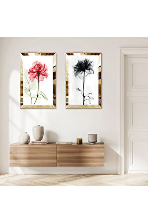 GOLD AYNALI PLEKSİ ÇERÇEVELİ BEYAZ ARKA PLANLI PEMBE VE SİYAH GÜLLER İKİLİ MDF TABLO SETİ