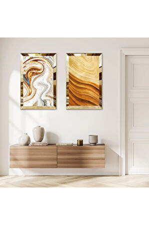 GOLD AYNALI PLEKSİ ÇERÇEVELİ RENKLİ SOYUT KUM DESENLİ İKİLİ MDF TABLO SETİ