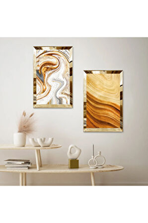 GOLD AYNALI PLEKSİ ÇERÇEVELİ RENKLİ SOYUT KUM DESENLİ İKİLİ MDF TABLO SETİ