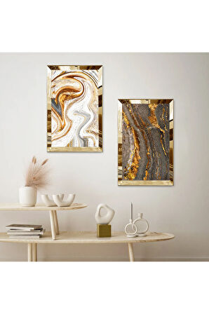GOLD AYNALI PLEKSİ ÇERÇEVELİ GRİ ALTIN VE BEYAZ KUM DESENLİ İKİLİ MDF TABLO SETİ