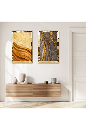 GOLD AYNALI PLEKSİ ÇERÇEVELİ GRİ ALTIN SOYUT DESENLİ VE ALTIN KUM DESENLİ İKİLİ MDF TABLO SETİ