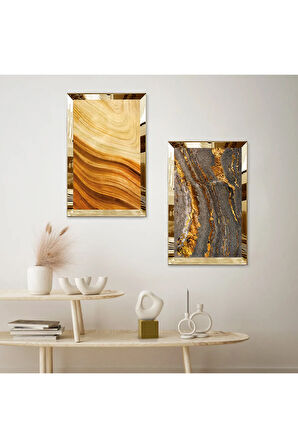 GOLD AYNALI PLEKSİ ÇERÇEVELİ GRİ ALTIN SOYUT DESENLİ VE ALTIN KUM DESENLİ İKİLİ MDF TABLO SETİ