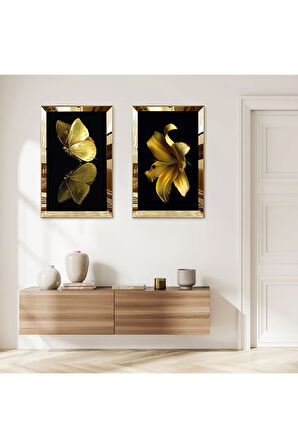GOLD AYNALI PLEKSİ ÇERÇEVELİ SİYAH ARKA PLANLI ALTIN KELEBEKLER VE ALTIN ÇİÇEK İKİLİ MDF TABLO SETİ
