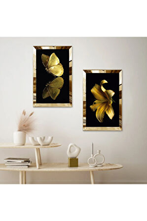 GOLD AYNALI PLEKSİ ÇERÇEVELİ SİYAH ARKA PLANLI ALTIN KELEBEKLER VE ALTIN ÇİÇEK İKİLİ MDF TABLO SETİ