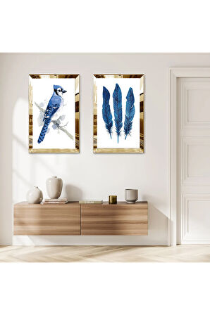 GOLD AYNALI PLEKSİ ÇERÇEVELİ BEYAZ ARKA PLANLI MAVİ KUŞ VE MAVİ TÜYLER İKİLİ MDF TABLO SETİ