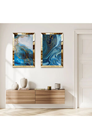 GOLD AYNALI PLEKSİ ÇERÇEVELİ MAVİ ÜZERİ ALTIN DESENLİ İKİLİ MDF TABLO SETİ