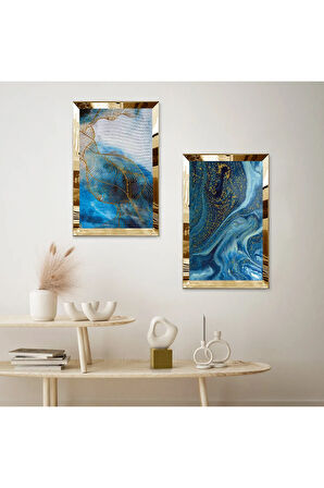 GOLD AYNALI PLEKSİ ÇERÇEVELİ MAVİ ÜZERİ ALTIN DESENLİ İKİLİ MDF TABLO SETİ