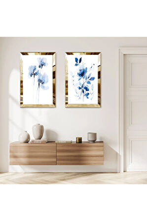 GOLD AYNALI PLEKSİ ÇERÇEVELİ BEYAZ ARKA PLANLI MAVİ ÇİÇEKLER İKİLİ MDF TABLO SETİ