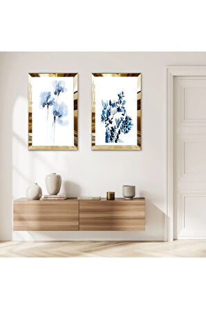 GOLD AYNALI PLEKSİ ÇERÇEVELİ BEYAZ ARKA PLANLI MAVİ ÇİÇEKLER VE BİTKİLER İKİLİ MDF TABLO SETİ